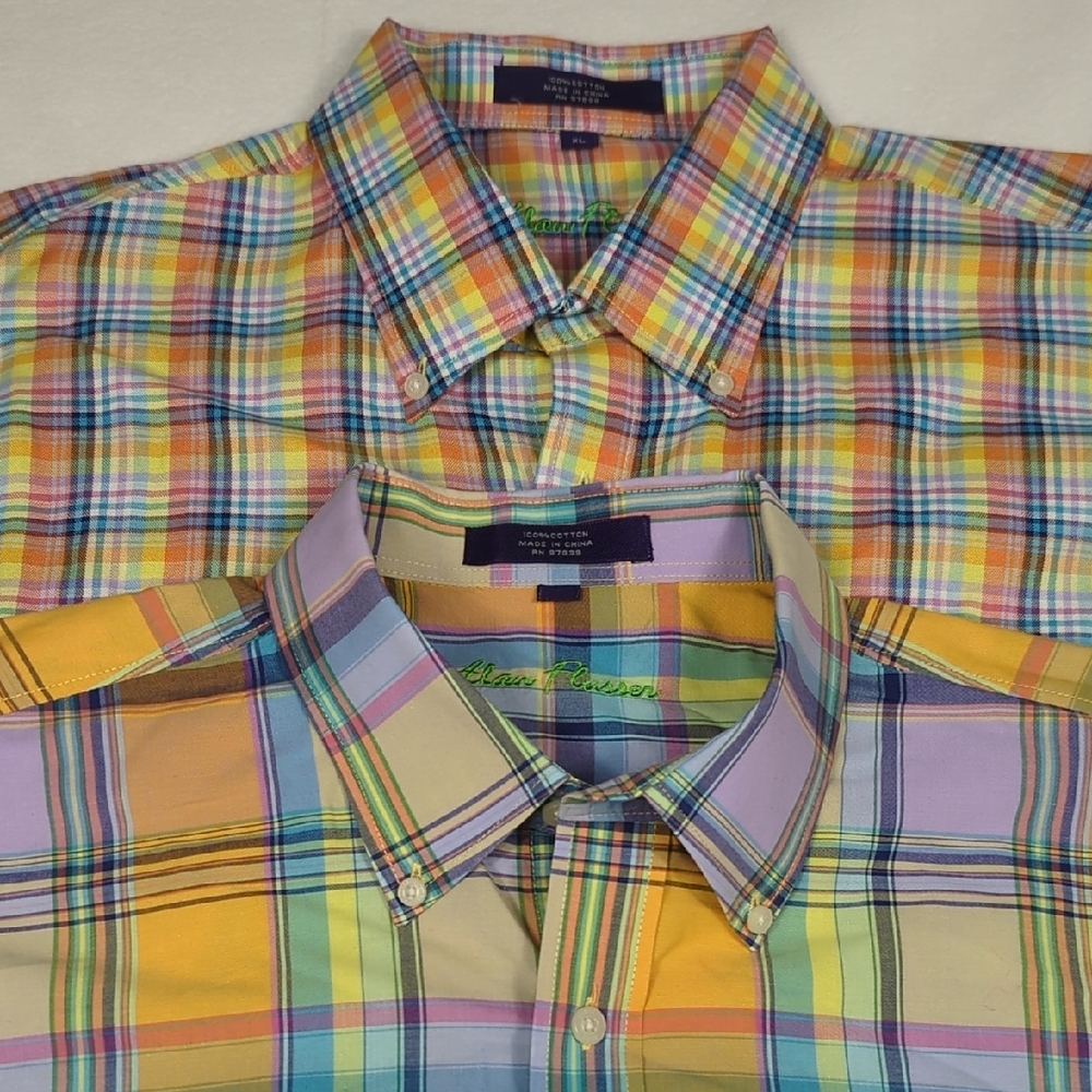 Lot of 2 Alan Flusser Mens XL Plaid Button Down Shirt‎ Multi Color Long Sleeve